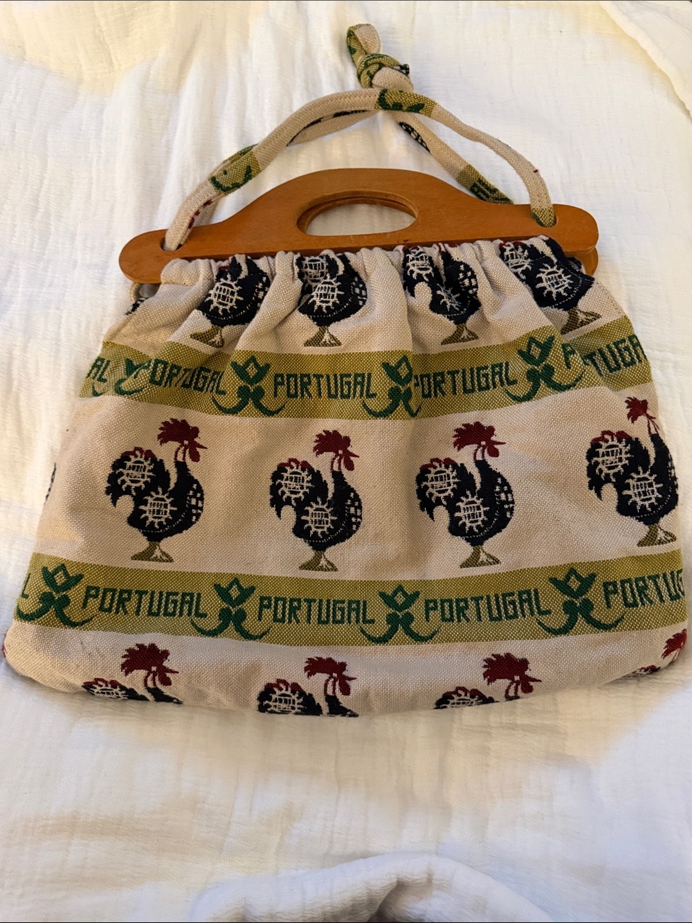 Vintage Portugal Rooster Print Handbag with Wooden Handles